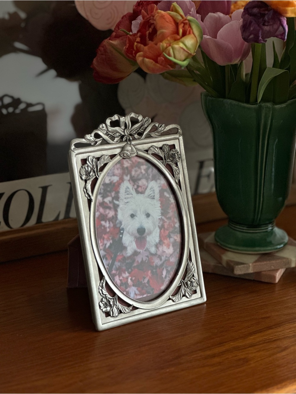 Seagull Pewter floral, bow & bell vintage photo frame with pink velvet backing